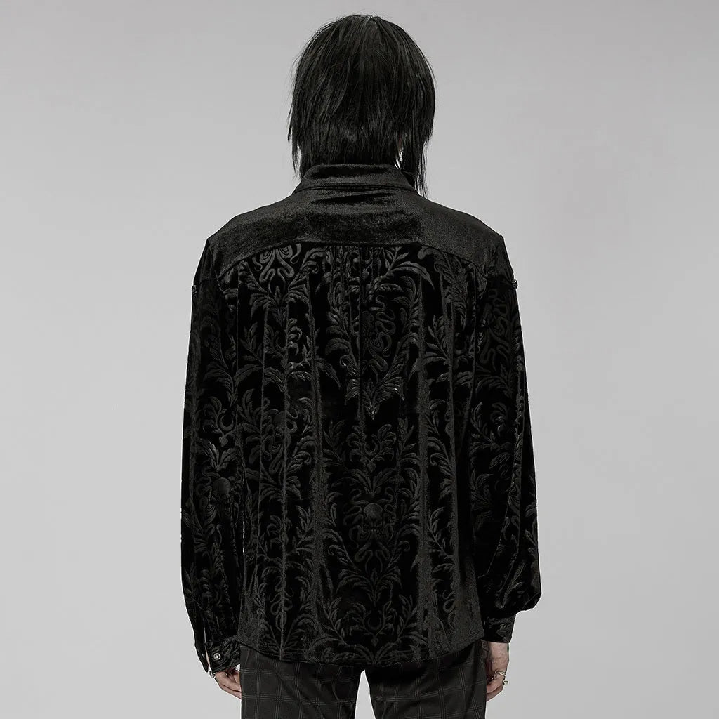Black velvet men's shirt with pointed collar and decorative flocking details in British preppy style