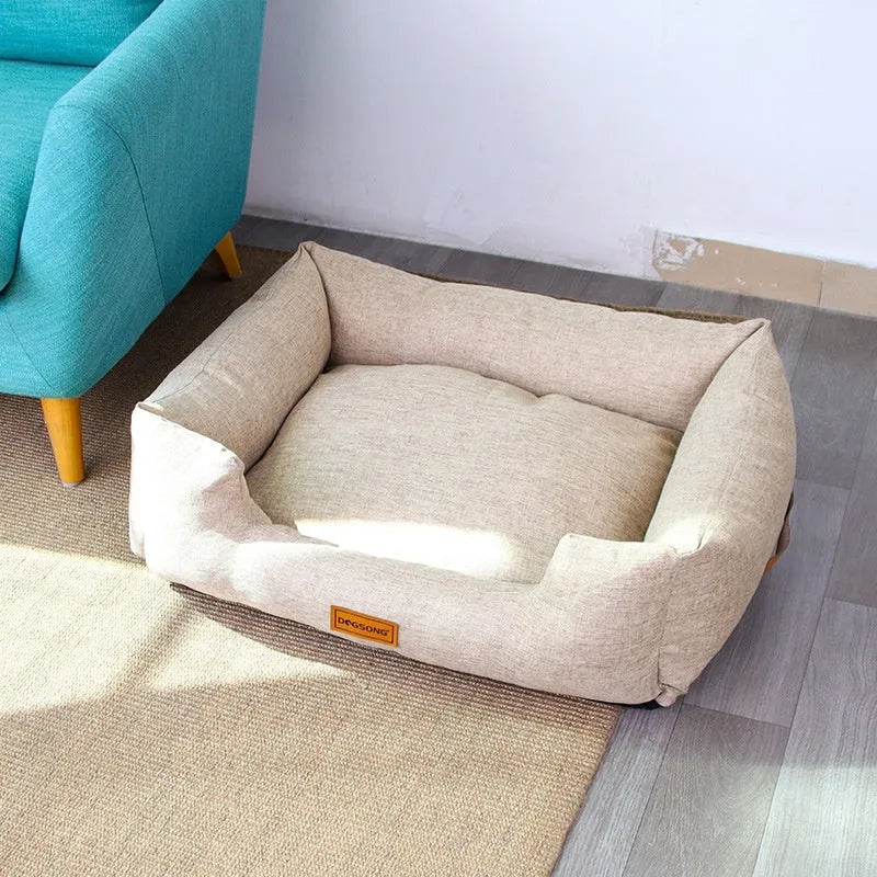 Khaki cloth dog bed with summer sleeping mat in size L