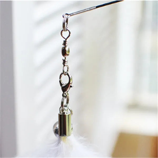 Funny cat stick with 14cm wooden handle, 66cm flexible rod, 80cm total length, fur head, feather and bell