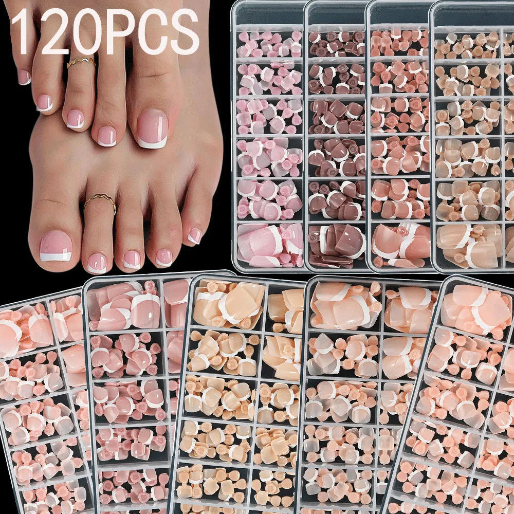 Box of 120 French white edge press-on toenails in nude colours on a full square short shape.