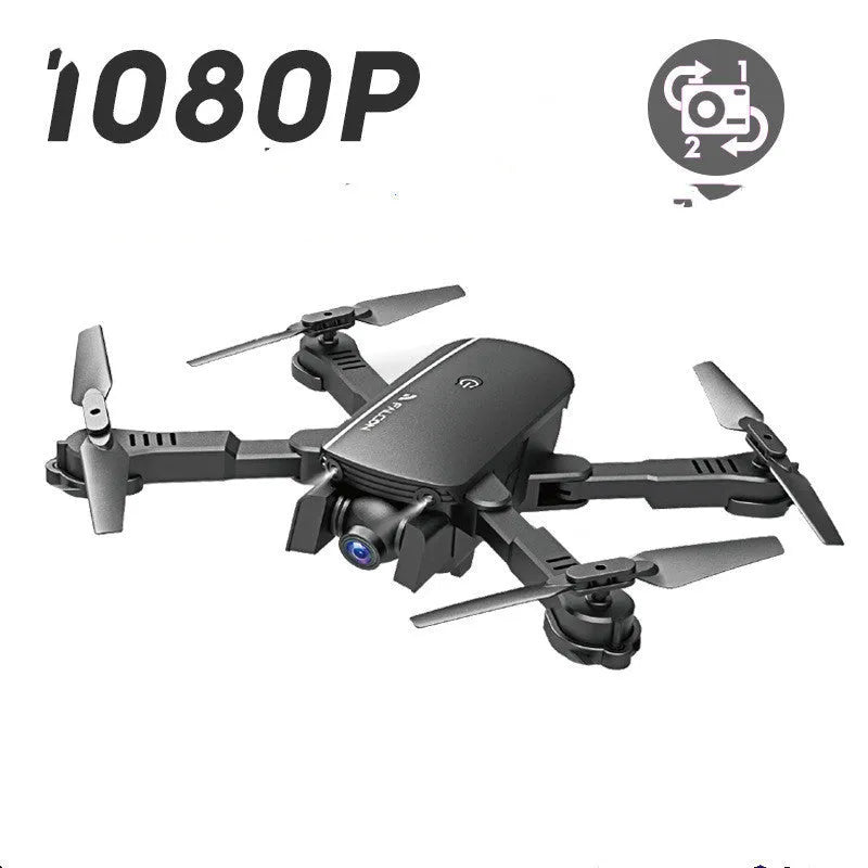 Black 4K HD quadcopter drone with plastic body, 30cm size, shown from side angle