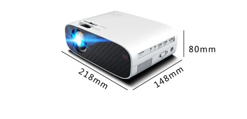 Portable LED smart projector with 18800 brightness, 1920x1080 support, 36-196 inch screen range, black or white.