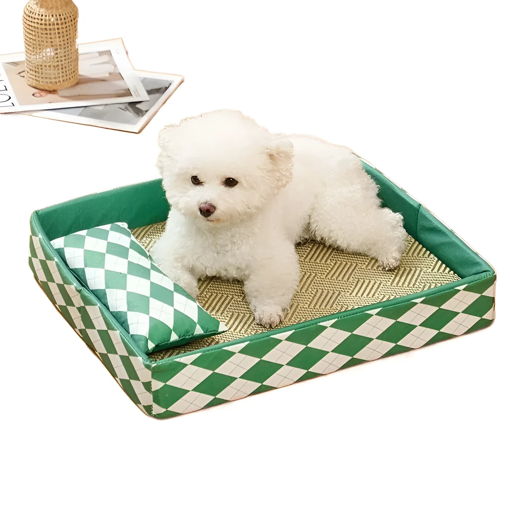 Blue rattan cat mat with removable cover serving as a litter mat and pet bed.