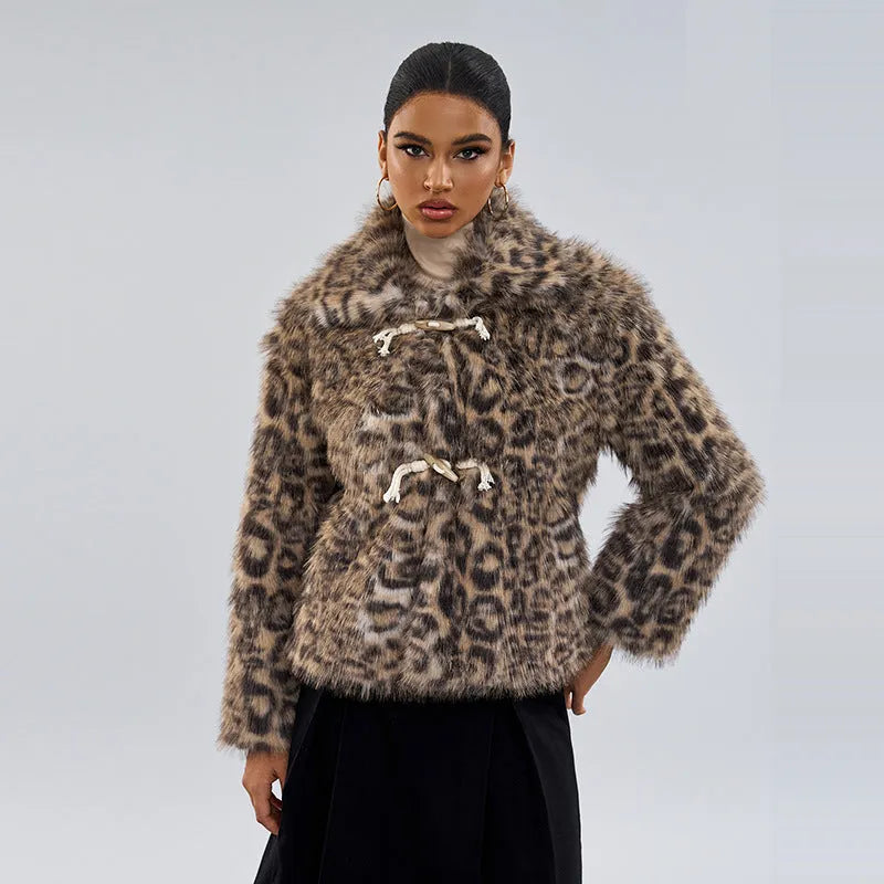 Women's leopard print street fashion coat with a buckle detail on the lapel