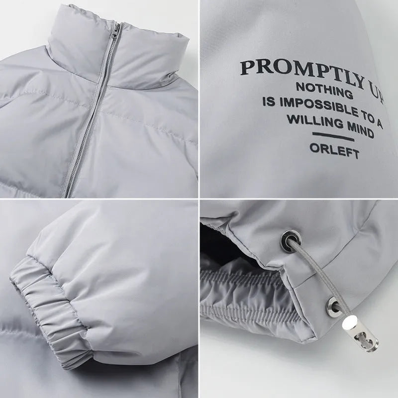 Men's stand collar padded jacket with zip front, side slit pockets, and straight hem in black, green, or grey.