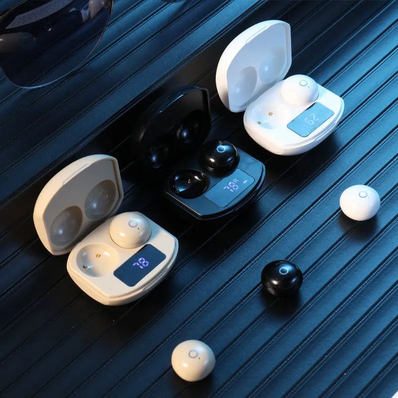 Wireless Bluetooth earbuds in semi-in-ear style with charging case, available in Black, Skin, and White colours