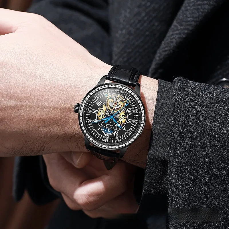 Men's stainless steel mechanical watch with a round dial and transparent case back on a rose gold strap.