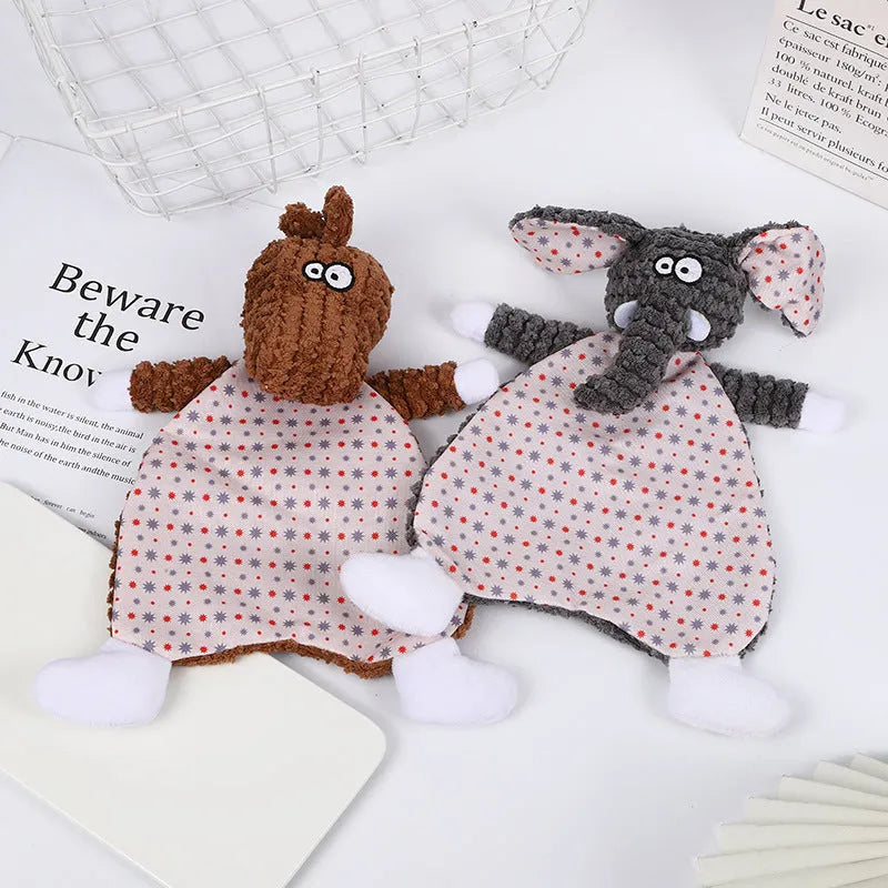 Brown velvet fox-shaped pet toy with sound element for interactive cat and dog play