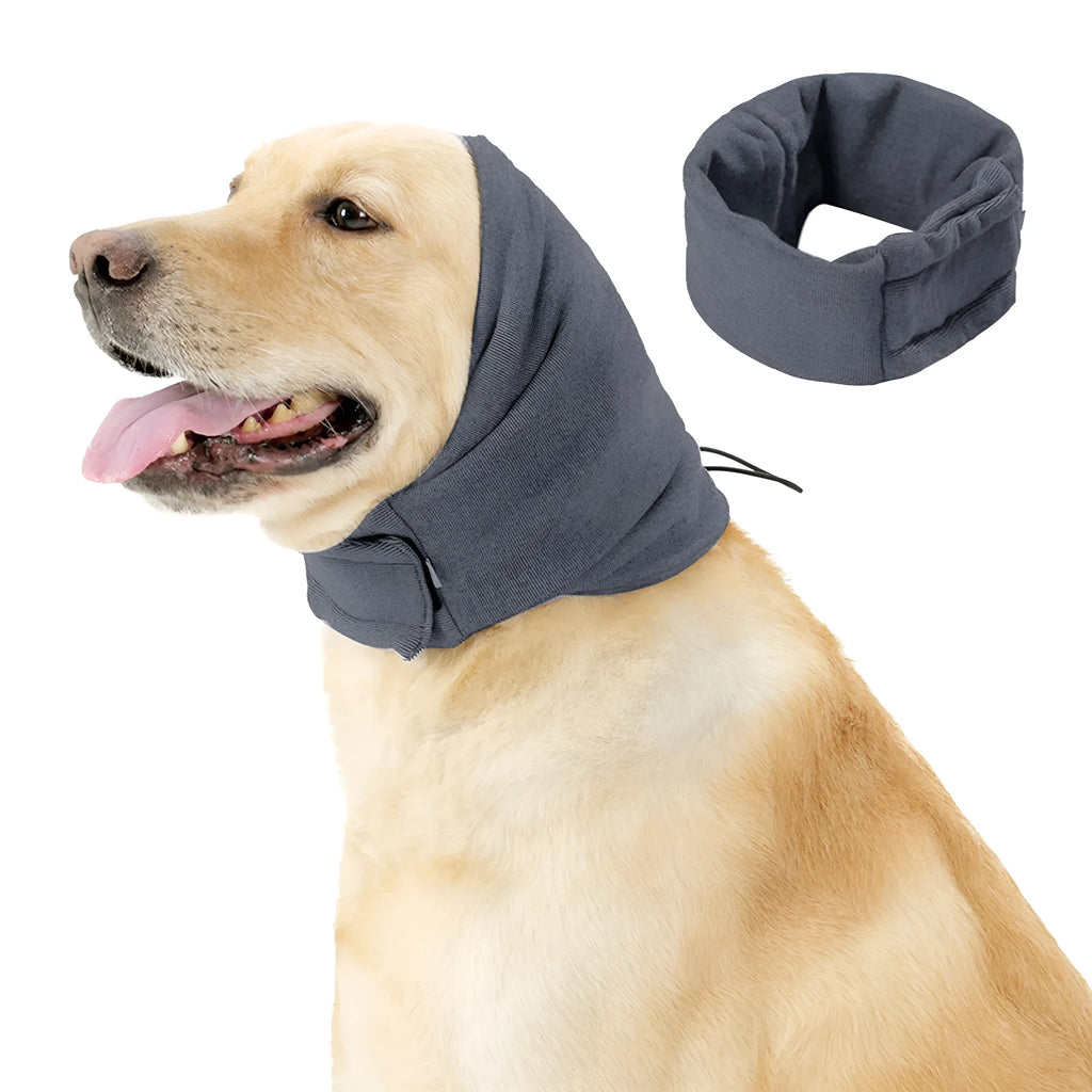 Polyester dog calming hoodie head wrap in black or purple colours with size options for noise reduction and hair management
