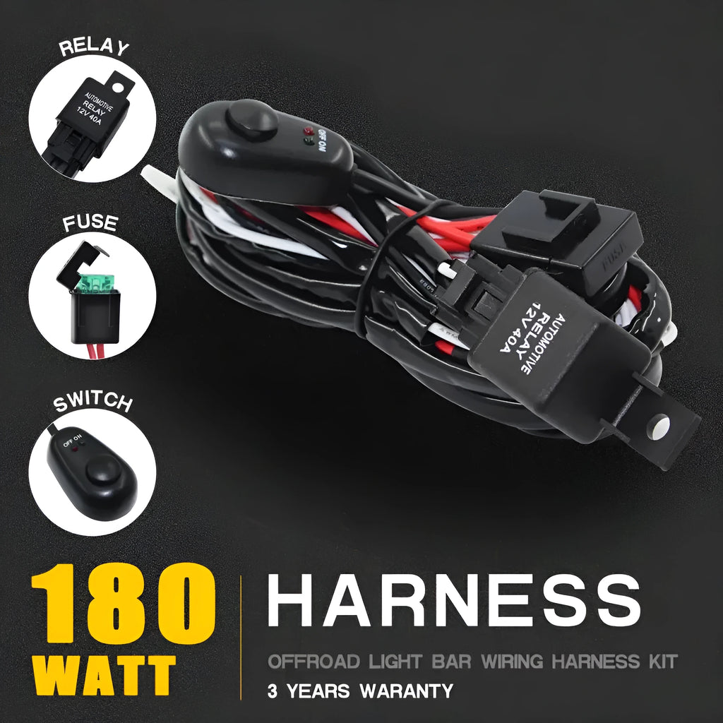 One drag two 2 metre LED work light wiring harness with silicone cable for vehicle roof spotlight installation.