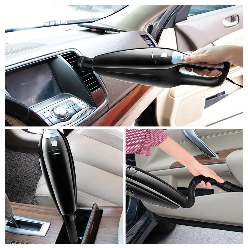 Black and orange car vacuum cleaner with cigarette lighter plug, showing compact 36cm size.