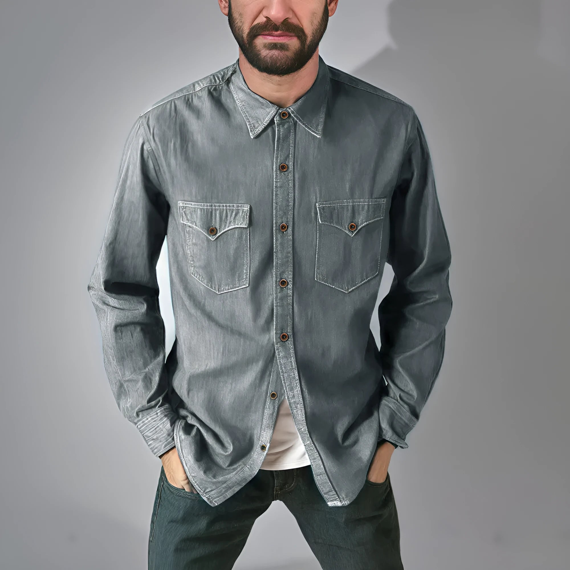 A long-line denim cardigan coat in a regular fit, shown in one of four available colours.