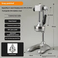 Vertical stainless steel manual juicer with lever, shown in multiple colour and head style options.
