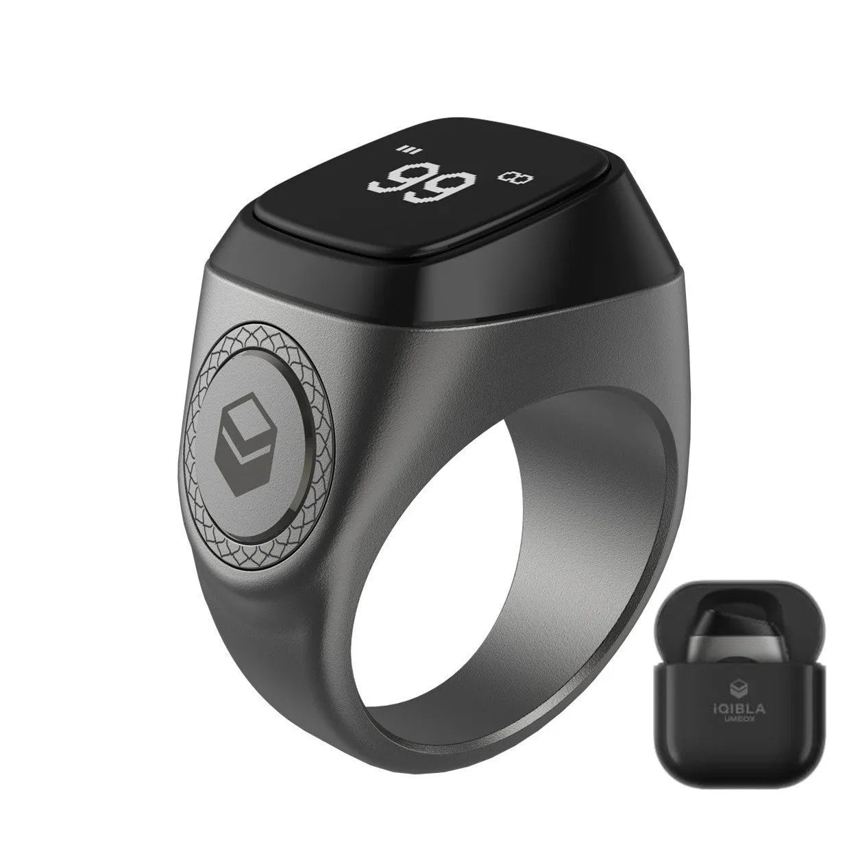 Silver smart ring with a button and small OLED display on a finger.