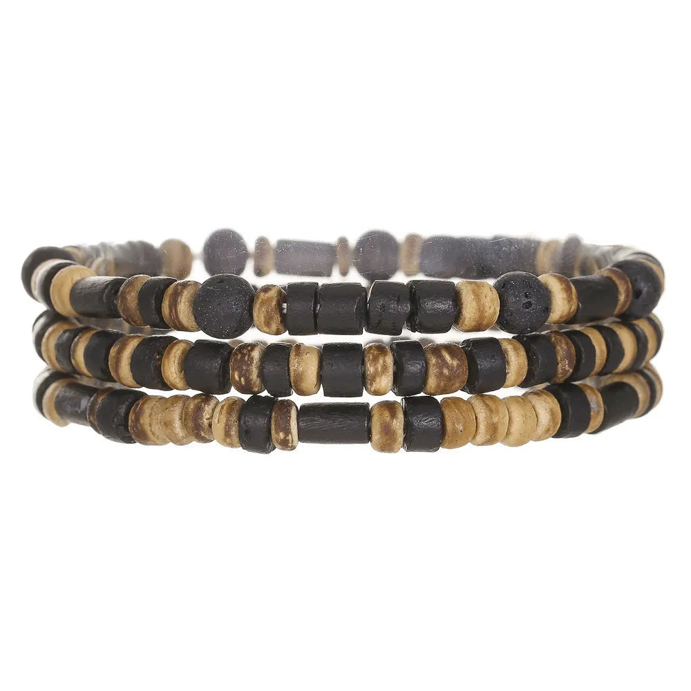 Hand-woven unisex wood bracelet with turquoise accents and totem pattern