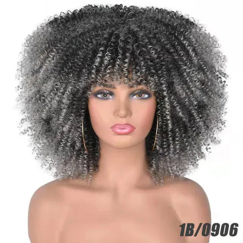 African small curly hair afro wig headgear in high temperature silk with bangs, colour 1B/30