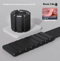A black silicone wrist weight bracelet with Velcro fastener shown on a wrist.
