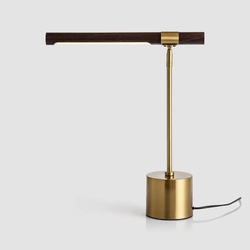 Nordic wood grain desk lamp with iron holder on a white surface, showing warm light and white light modes