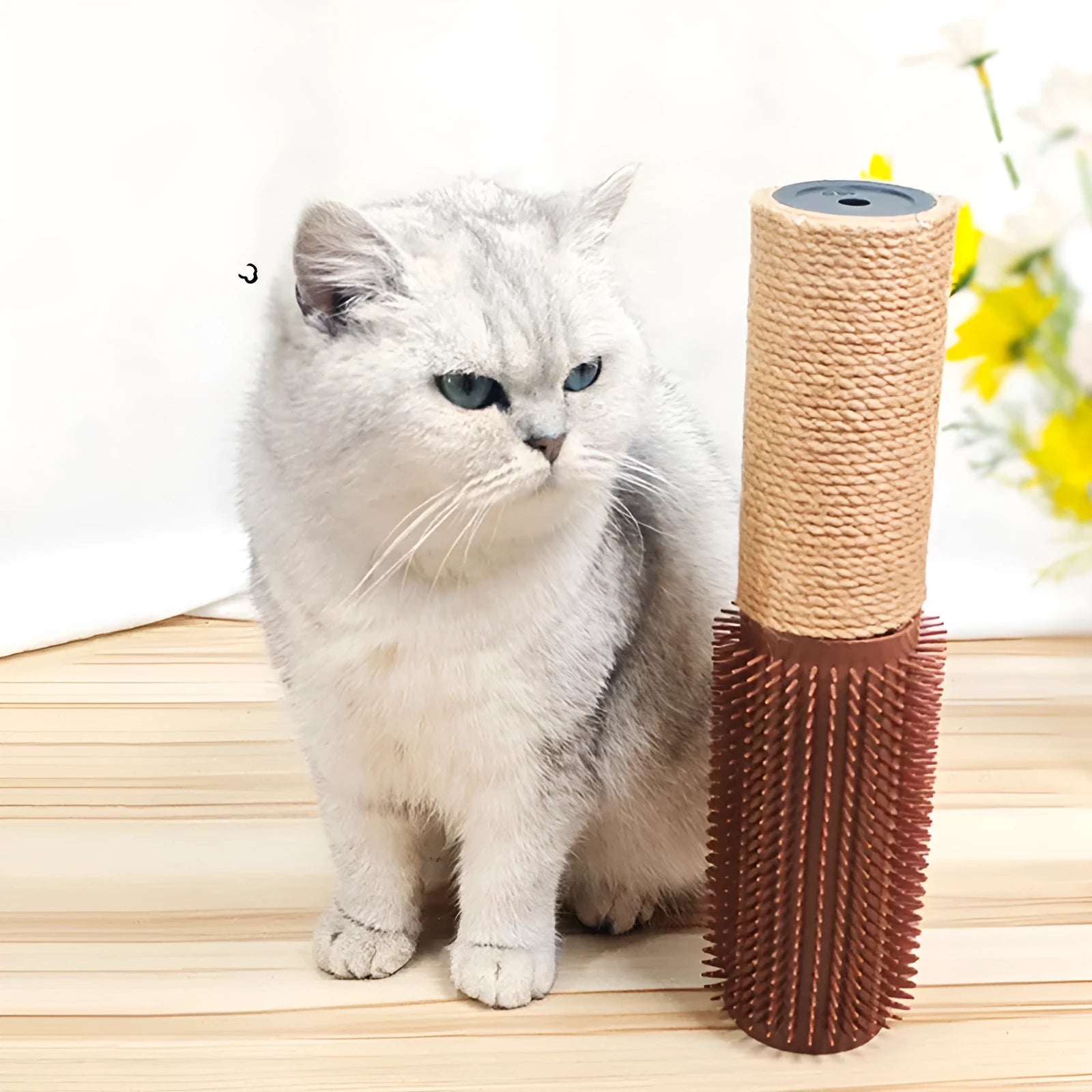 Brown sisal rope cat scratching post measuring 30cm tall with square base