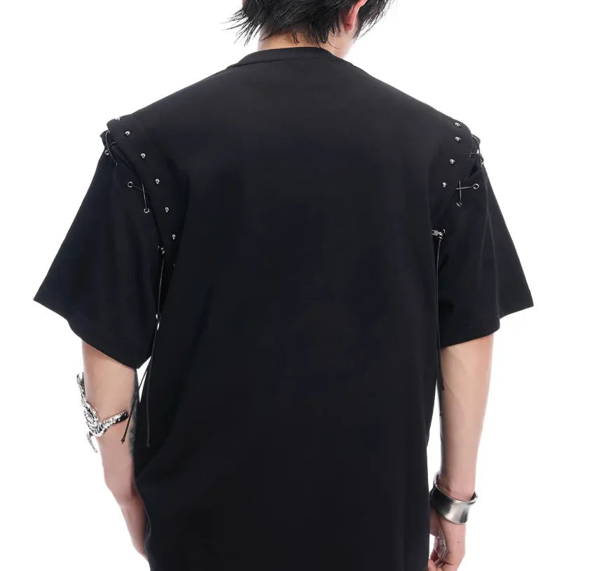 Women's black short sleeve T-shirt with deconstructed lace-up cutout detail on front