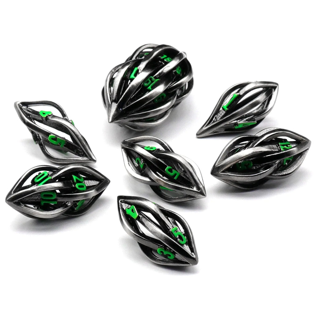 Seven copper metal melon seed shape dice with antique silver finish and coloured characters for board game props