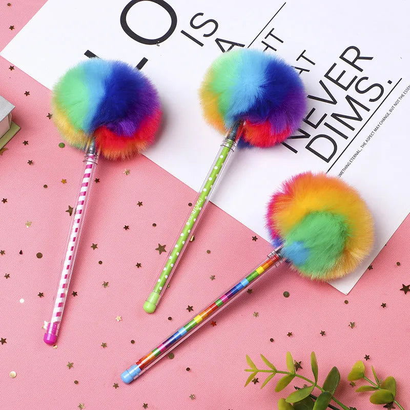 Student creativity colour pompon gift pen with fur ball, cartoon style, 23cm plastic shell