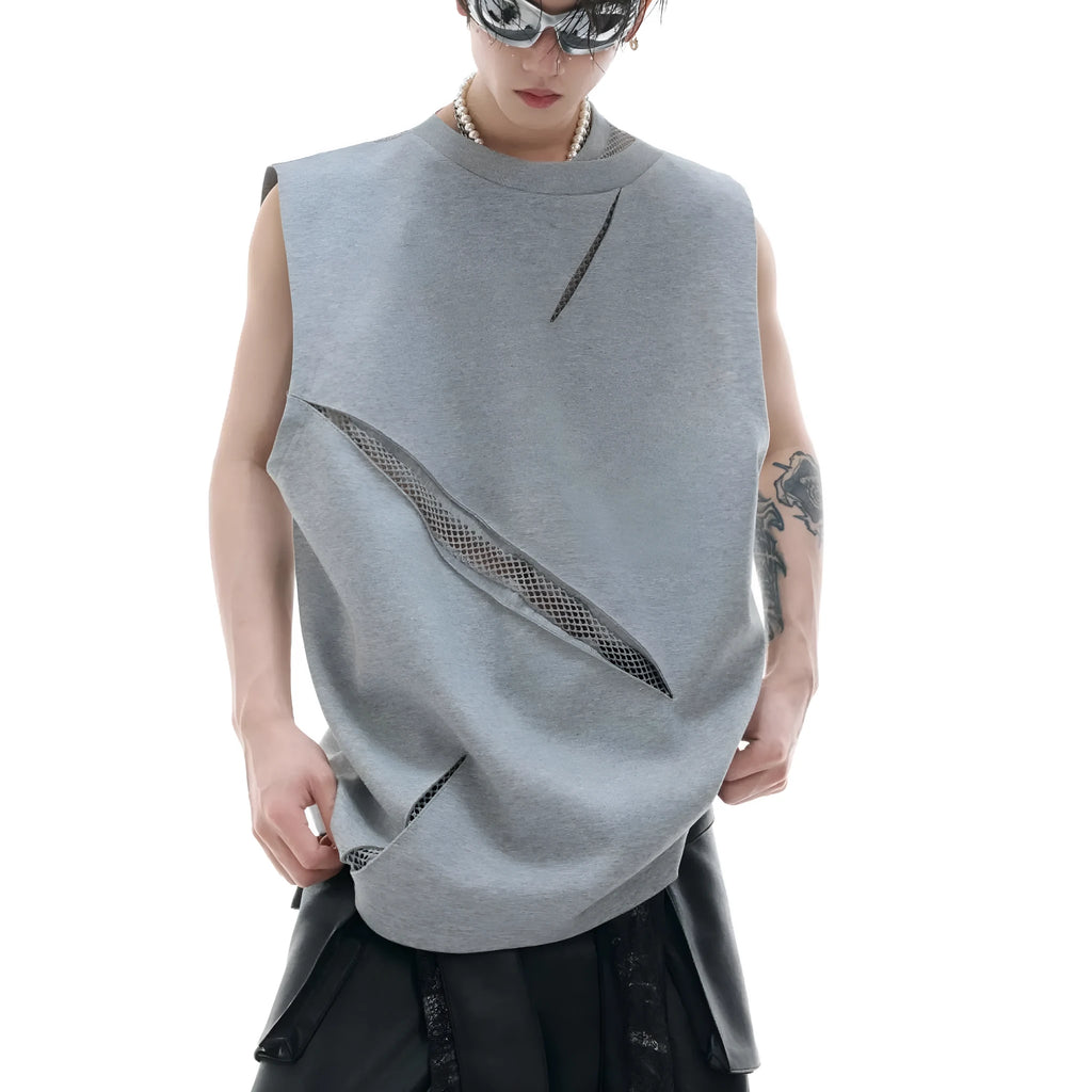 Hollow mesh sleeveless vest with metal decoration, washed cotton blend, slim fit, black grey white, Asian sizes L M XL
