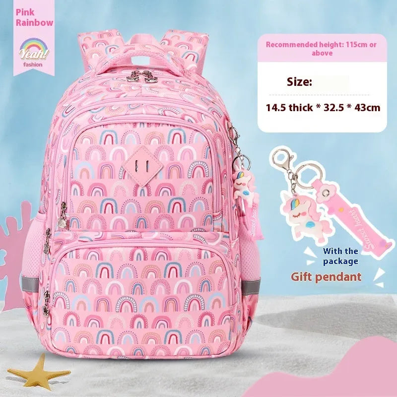 Blue dinosaur pattern children's waterproof school backpack with curved shoulder straps.