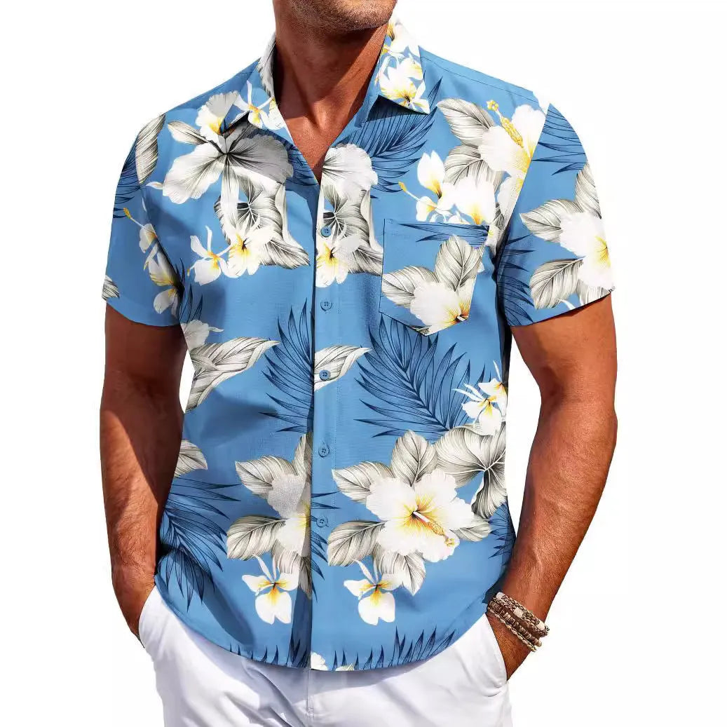 A man's slim-fit short-sleeve Hawaiian shirt in a cardigan style, available in multiple colours.