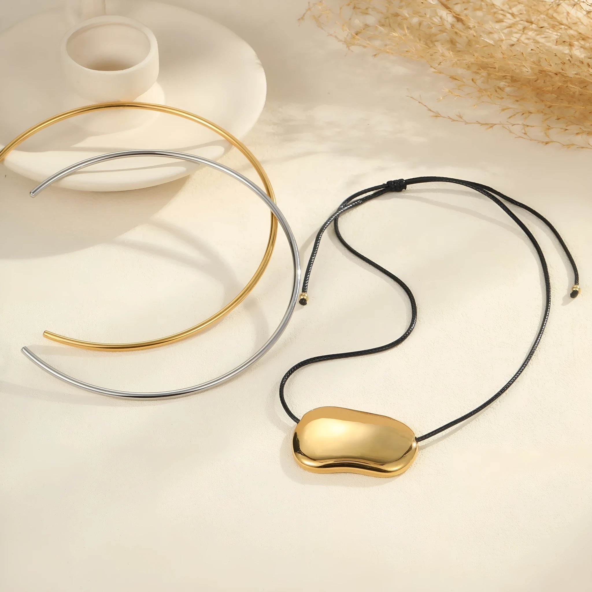 Black rope chain necklace with geometry pendant in gold or silver tone, minimalist collar style