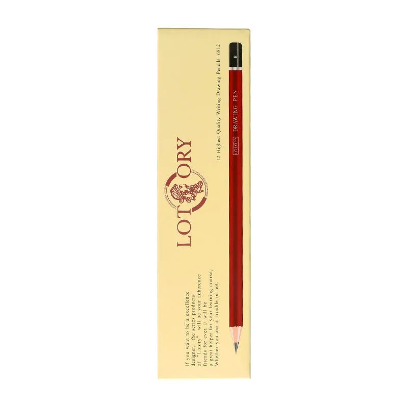 Assorted charcoal pencils in various hardness grades from HB to 12B in a box