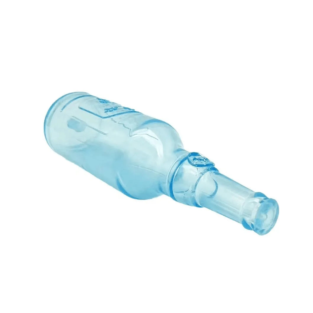 Blue water bottle shaped dog chew toy with squeaker for aggressive chewers
