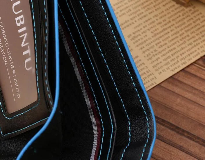 Man wallet in black PU leather with blue edge, showing card slots and bill compartments
