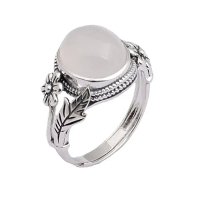 Copper vintage ring with imitation white chalcedony stone and adjustable open mouth design