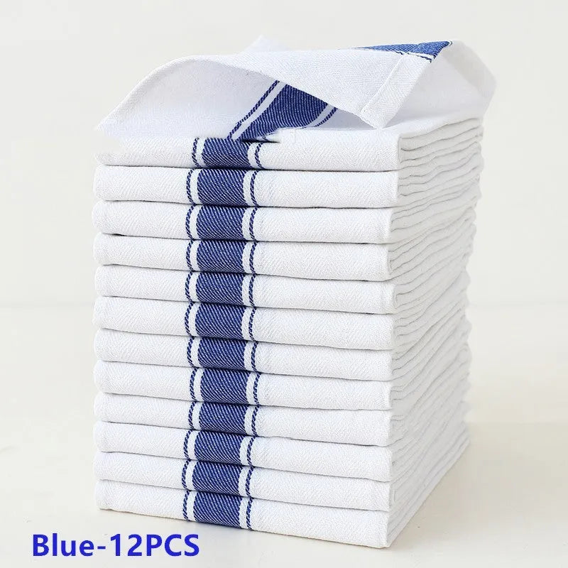 Pack of twelve striped cotton dish towels measuring 48 by 70 centimetres for kitchen use