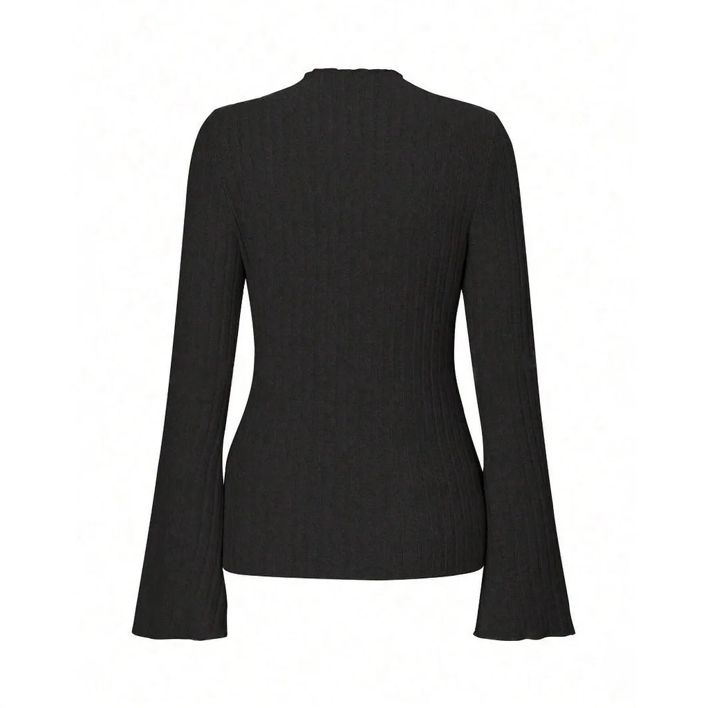 Long sleeve round neck pullover in black with lantern sleeves and a subtle sunken stripe pattern.