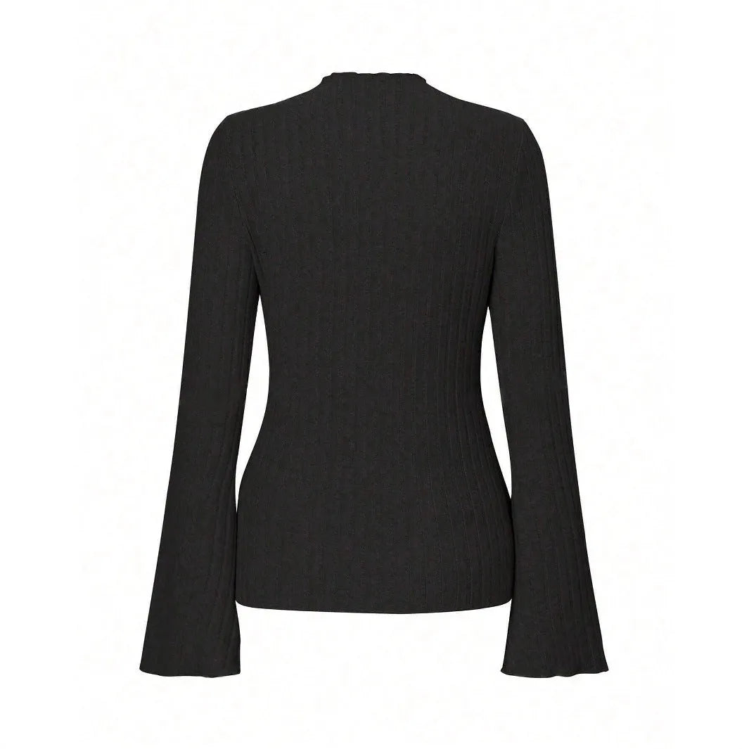 Long sleeve round neck pullover in black with lantern sleeves and a subtle sunken stripe pattern.