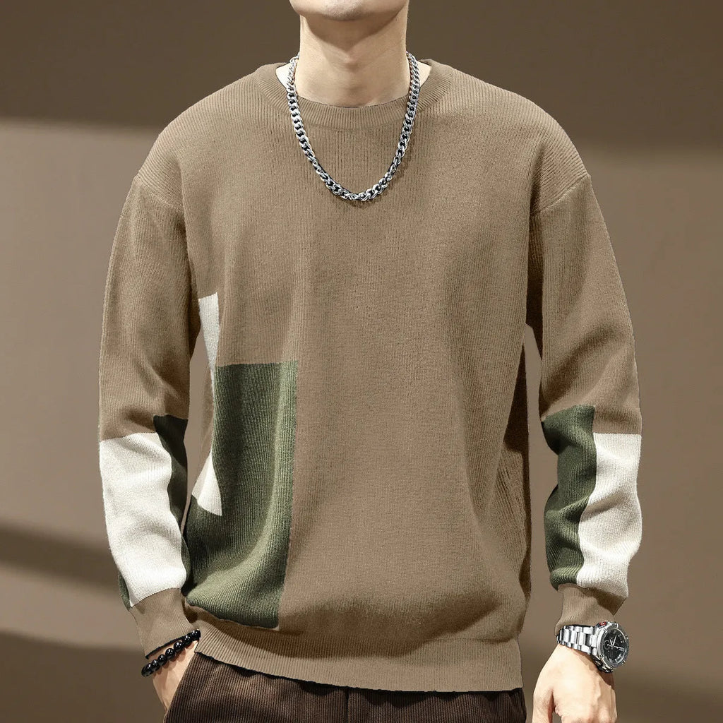 Men's oversized pullover sweater in black or walnut with colour contrast patchwork and long sleeves