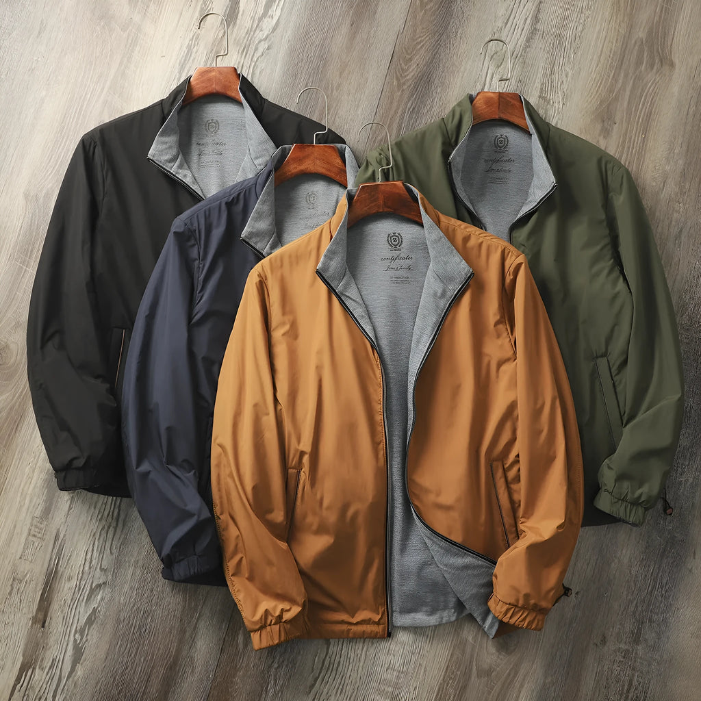 Men's stand collar casual jacket in Army Green colour on a hanger.