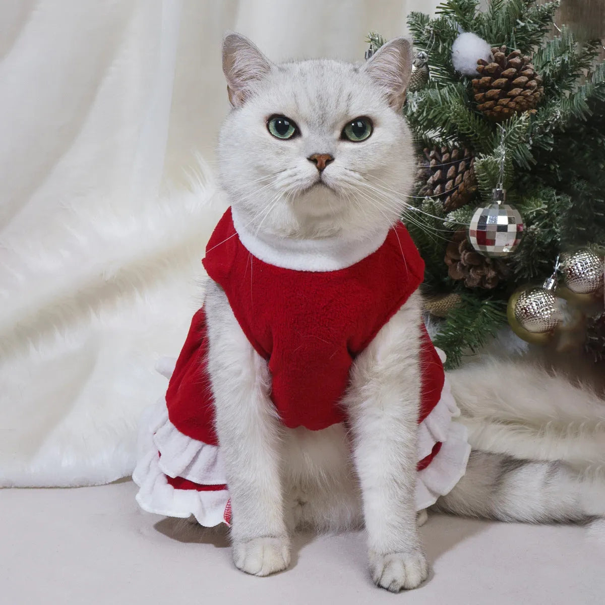 Red fleece pet Christmas princess dress with bow, available in sizes XS to XXL