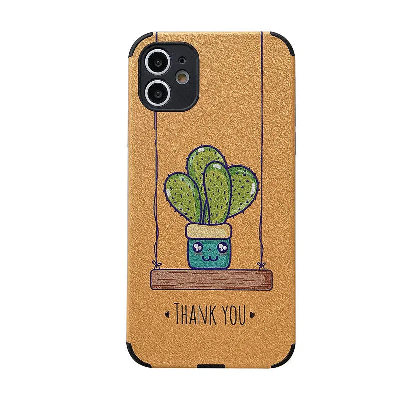 Cactus embossed iPhone case in TPU and leather, back cover in blue or khaki for iPhone 6 to 11 Pro Max.