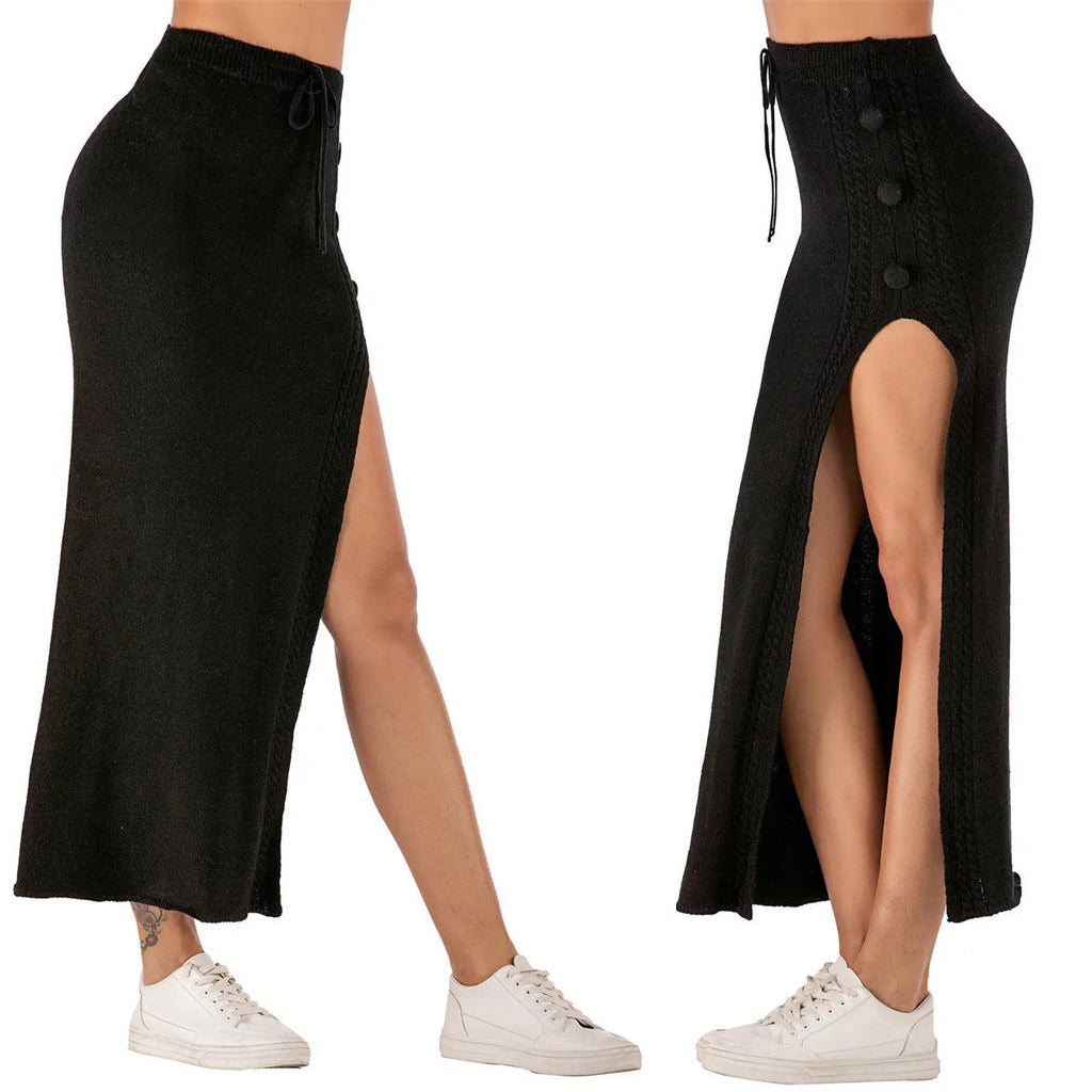 A black slim-fit mid-length women's skirt with a side split detail on the hem.