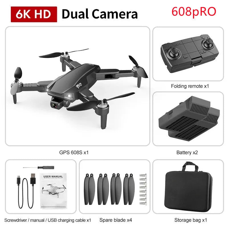 GPS high-definition dual camera quadcopter drone with brushless motor, 6K camera, and foldable design