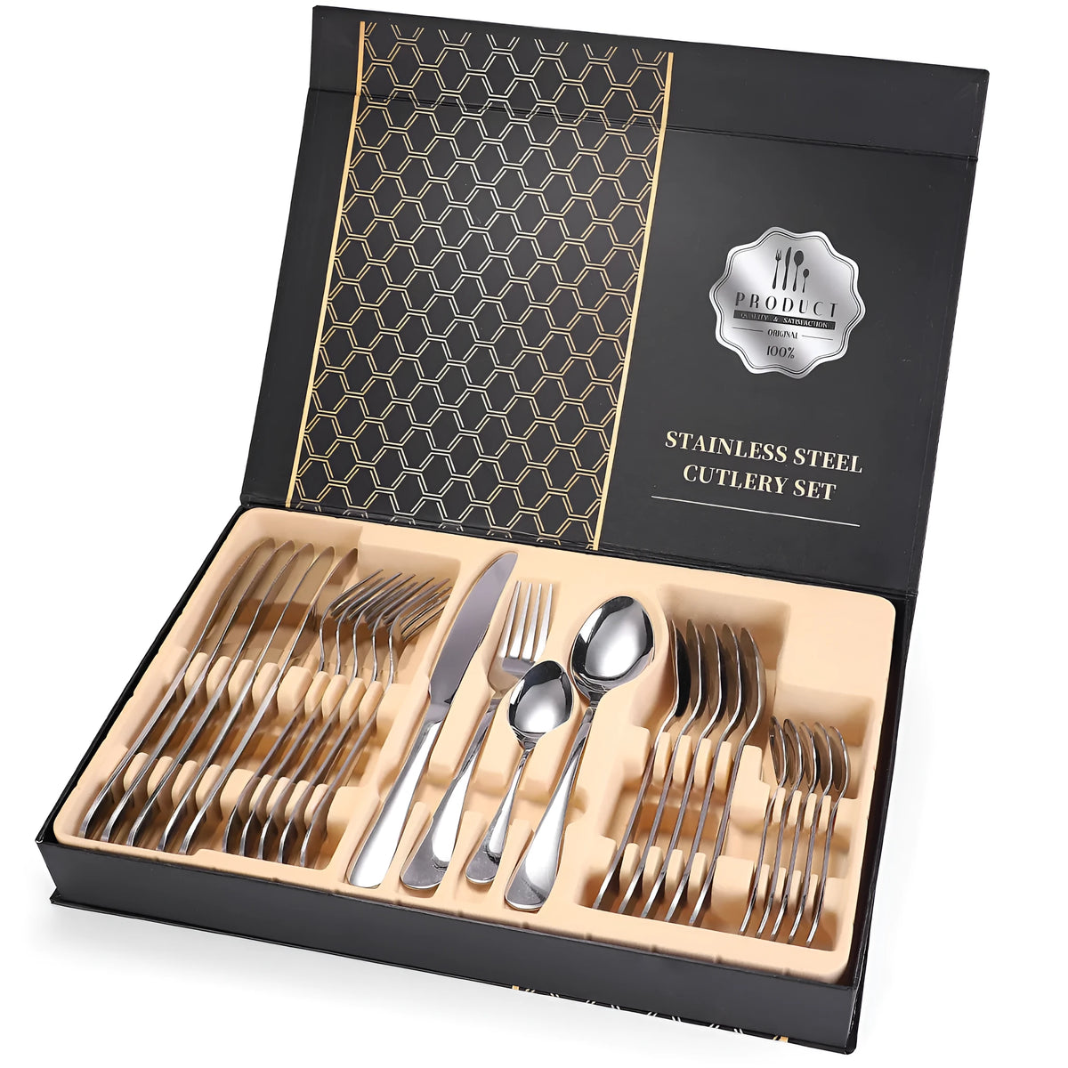 24 piece 18/10 stainless steel cutlery set in Silver style with wood storage box