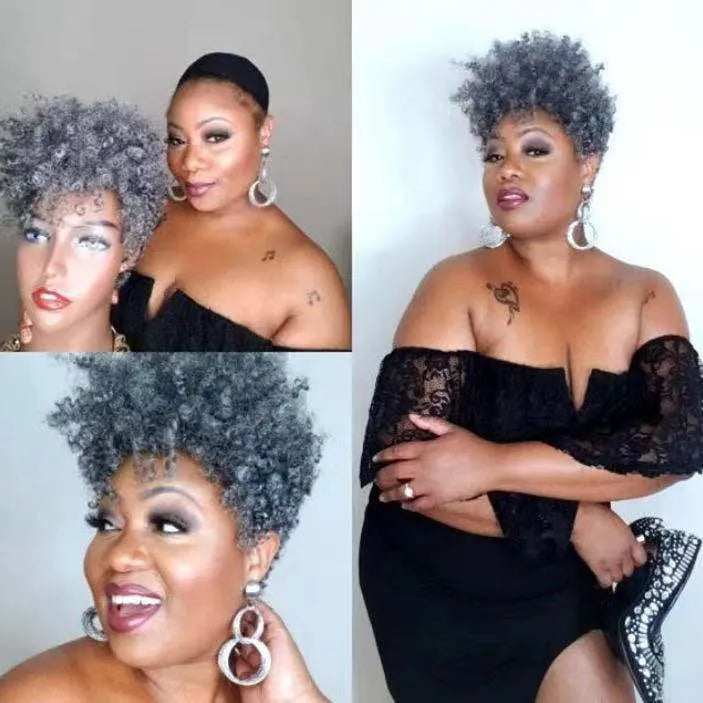 Short synthetic wig with simple rolls design in exotic style, shown in black colour.