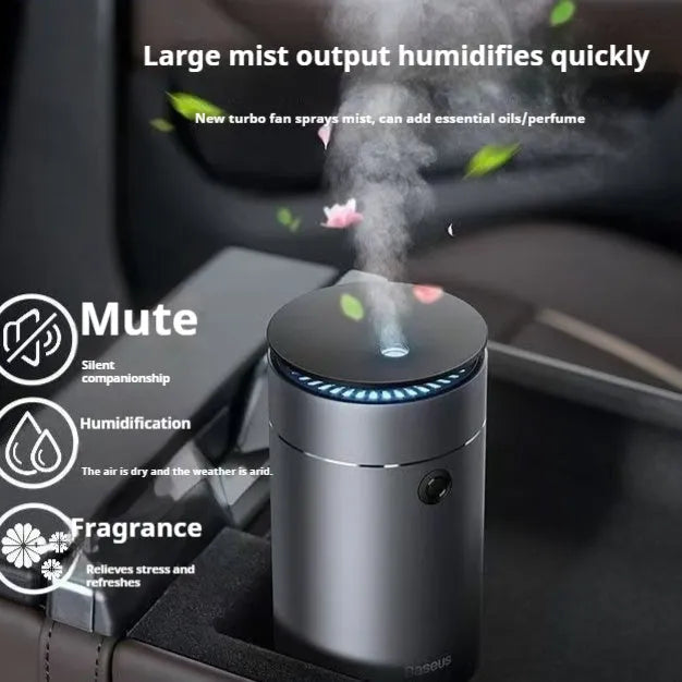 Dark gray column-shaped mini USB aromatherapy humidifier with 5W power and 0.5-1L reservoir for car and small room use
