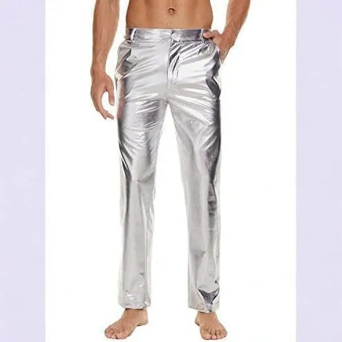 Shiny wet-look disco pants, straight leg capri style, in silver with high elastic waistband