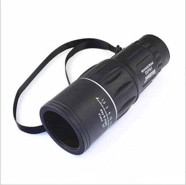 Black 16x52 monocular with 52mm objective lens and roof prism construction