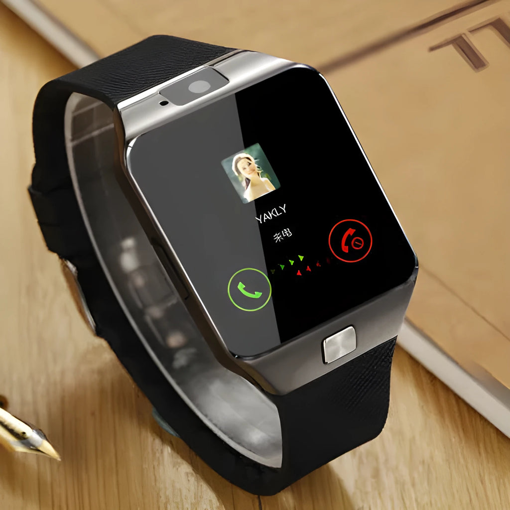 DZ09 sports smart watch with black TPU strap and 1.56 inch touch screen display
