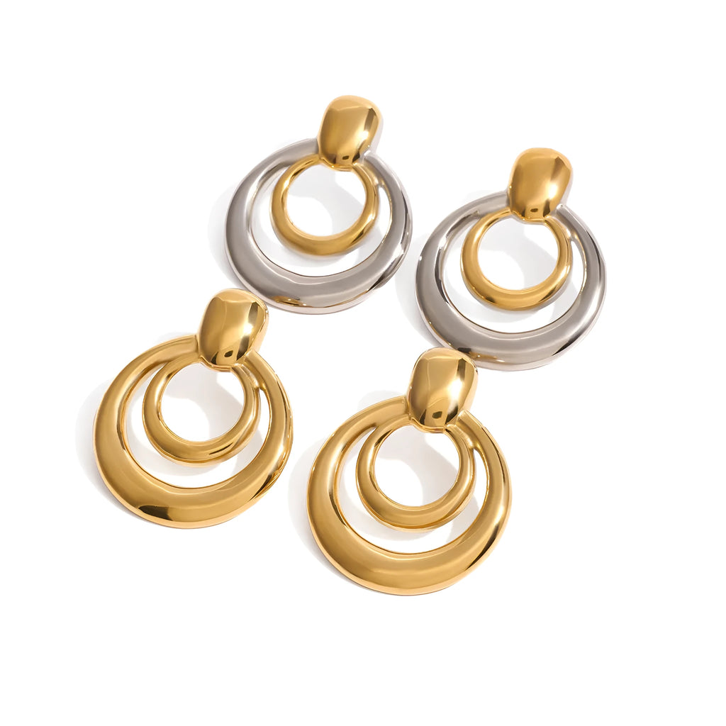 Golden round double layer hollow stud earrings with geometric design and 18K gold electroplating